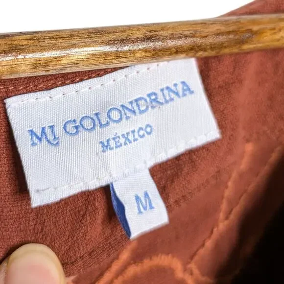 Mi Golondrina Ximena Maxi Kaftan Dress Medium Burnt Orange Embroidered Resort - Picture 8 of 13